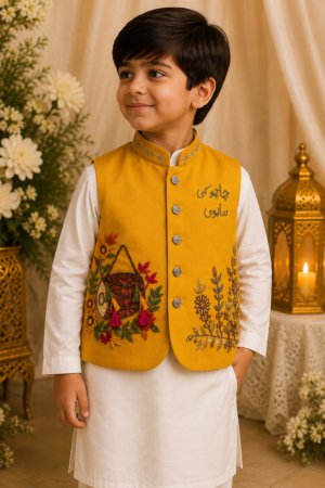Elegant Mustard Embroidered Boys Waistcoat