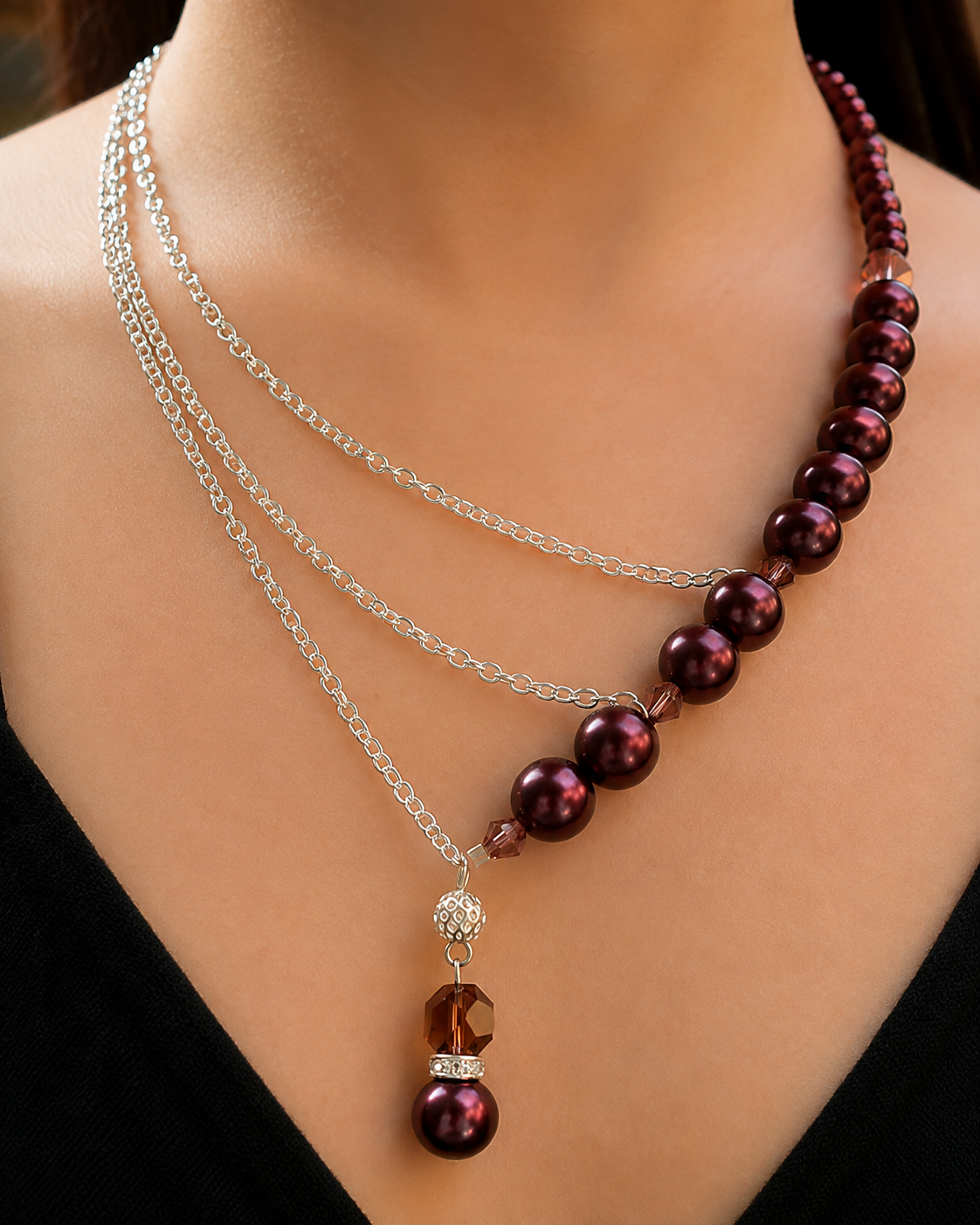 Elegant Burgundy Pearl Layered Necklace - Image 2