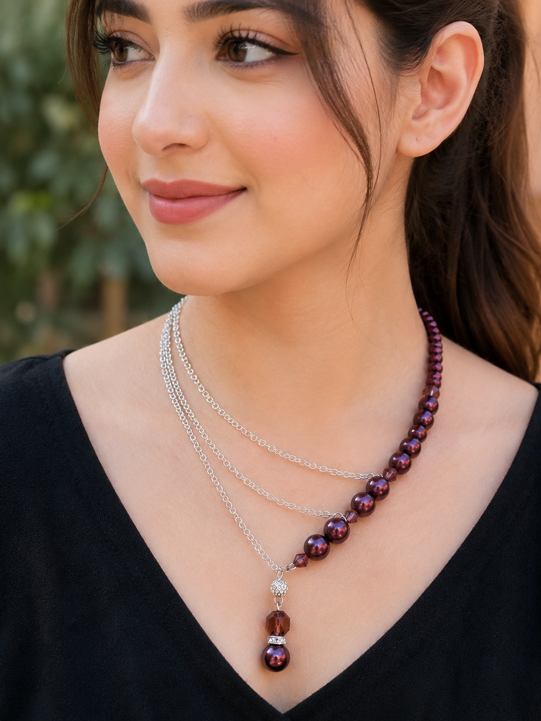 Elegant Burgundy Pearl Layered Necklace