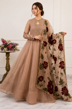 Elegant Peach Embroidered Anarkali Suit with Floral Dupatta