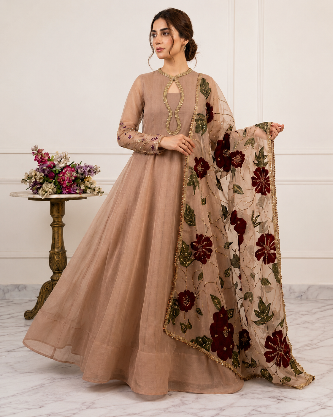 Elegant Peach Embroidered Anarkali Suit with Floral Dupatta
