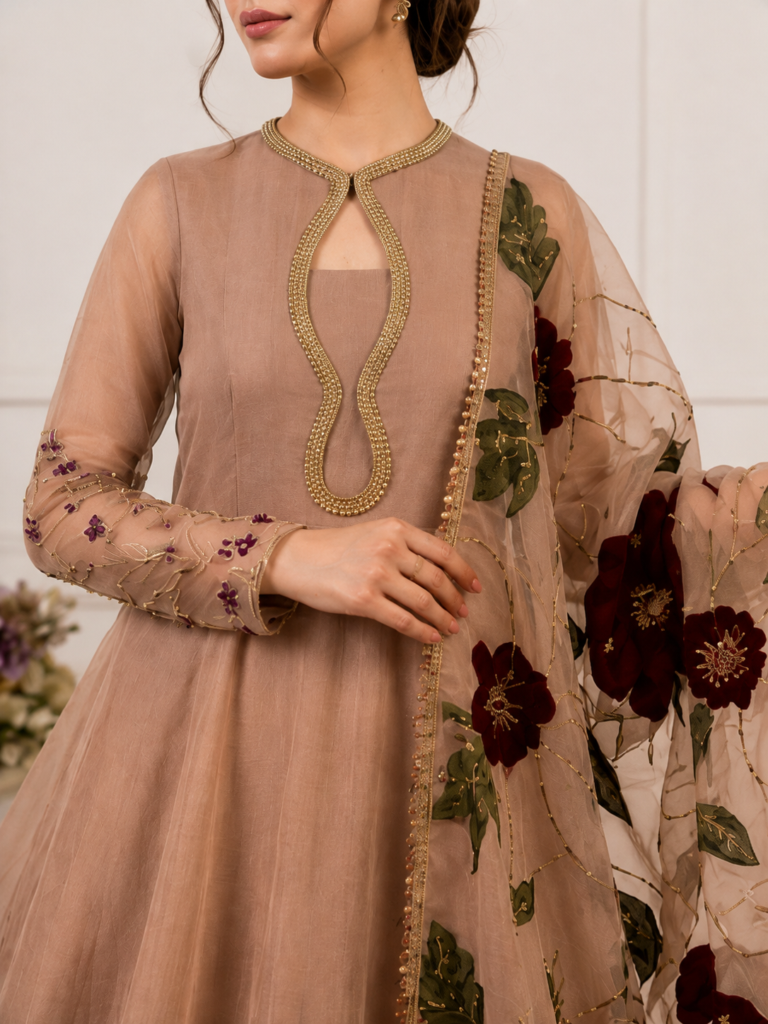 Elegant Peach Embroidered Anarkali Suit with Floral Dupatta - Image 2