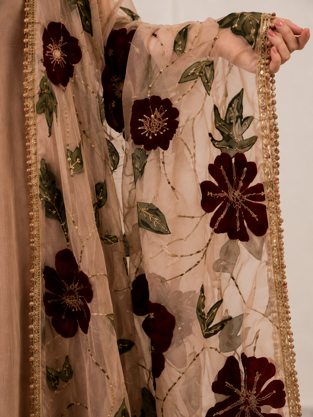 Elegant Peach Embroidered Anarkali Suit with Floral Dupatta - Image 3