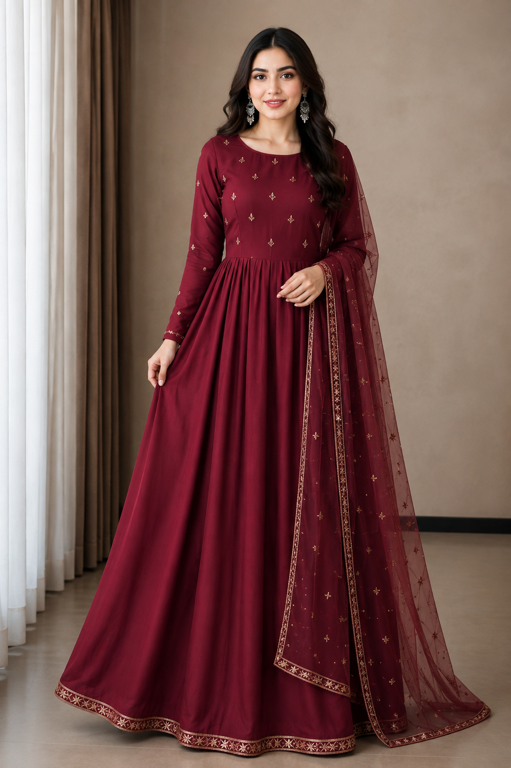 Elegant Burgundy Embroidered Anarkali 3-Piece Dress