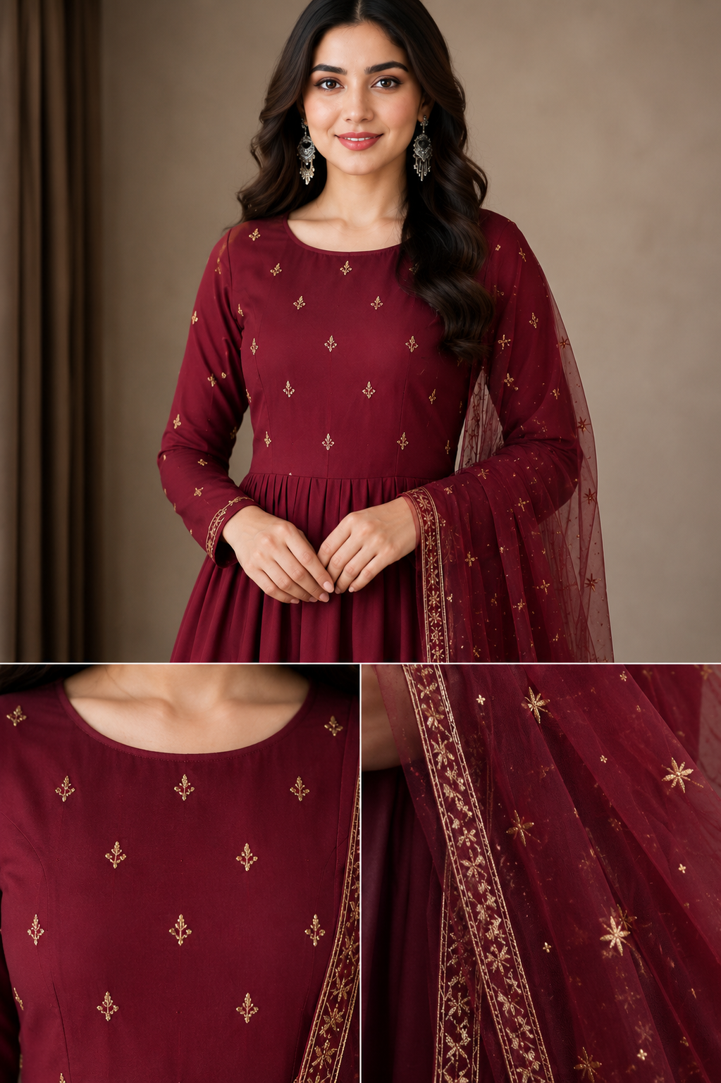Elegant Burgundy Embroidered Anarkali 3-Piece Dress - Image 2