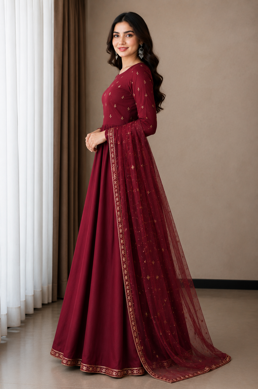 Elegant Burgundy Embroidered Anarkali 3-Piece Dress - Image 3