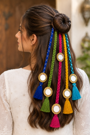 Colorful Mirror Work Braided Hair Tassel Set – 5 Pieces